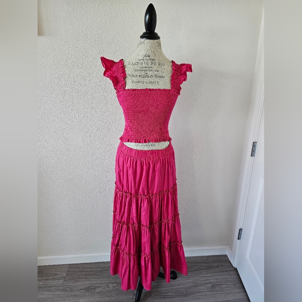 o.p.t Hot Pink Smocked Crop Top Tiered Ruffle Maxi Skirt Set Size S 100% Cotton